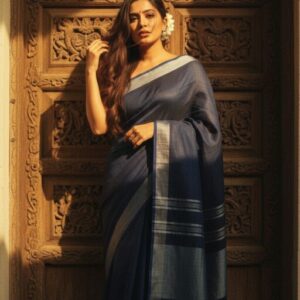 Blue linen cotton saree with silver zari detailing at the border and the aanchal