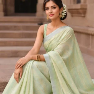 Pure linen saree in yellow and green stripes with zari border