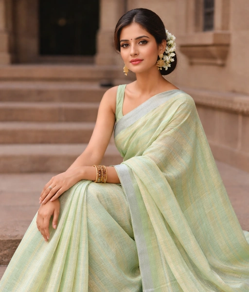 Pure linen saree in yellow and green stripes with zari border