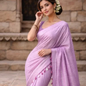 Purple linen saree with zari stripes
