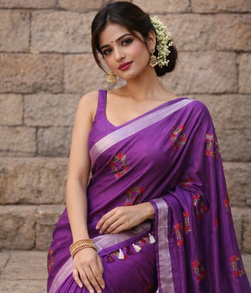 Pure linen sarees embroidered