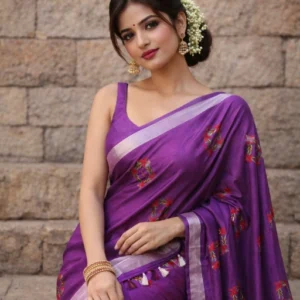 Purple pure linen saree with silver zari border and thread embroidery