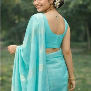 Sea Blue Pure linen saree with very thin contrast border of dark pink colour and silver zari detailing at the border and aanchal