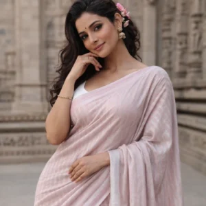 Beige pure linen saree with silver stripes