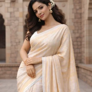 Beige pure linen saree with orange and yellow stripes image
