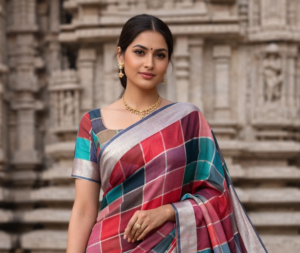 multicolored checked pure linen saree