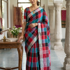Multicolored pure linen checked saree image