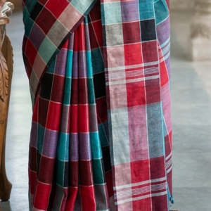 Multicolored checked pure linen saree image