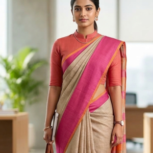 A professional woman stands in a modern, sunlit office wearing a beige pure linen saree. The saree features a solid, vibrant pink border with a thin orange edge. She has paired it with a matching coral-toned, high-neck, elbow-length sleeve blouse. She holds a brown leather tote bag and a laptop, embodying a polished and minimal corporate look.