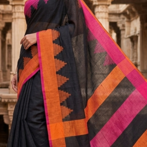 Black linen saree with temple border