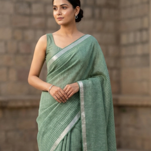 A woman wearing pure linen dark green saree with sliver stripes and thin border.