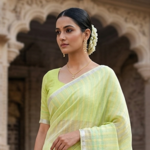 Pure linen saree with yellow and green striped saree