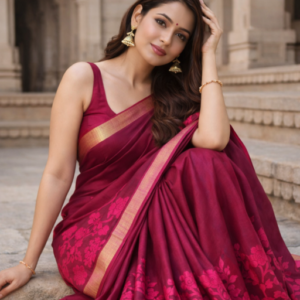 Purple linen cotton saree with silver zari detailing at the border