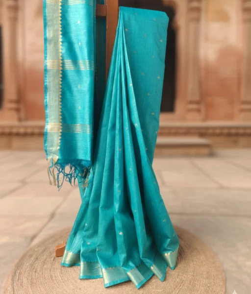 Firozi munga tussar silk saree with woven zari buta detailing all over - Image 4