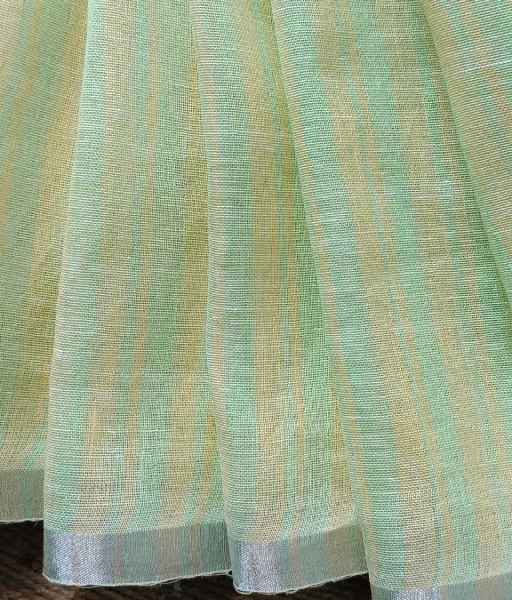 Formal wear linen saree in light yellow and green stripes