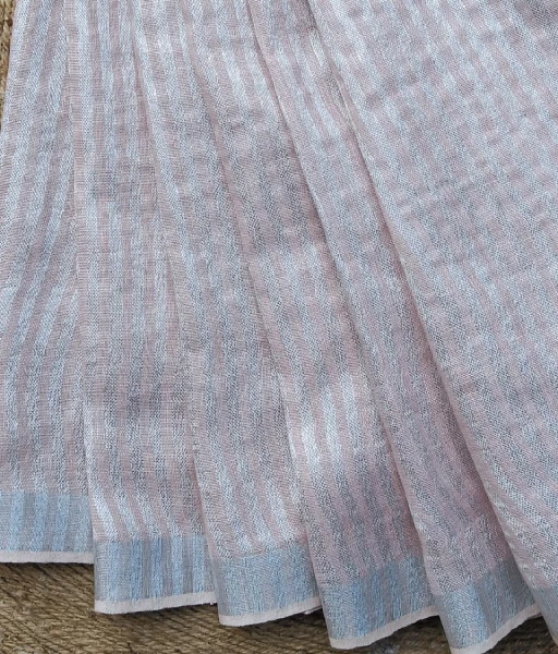 Beige pure linen saree with silver stripes - Image 2