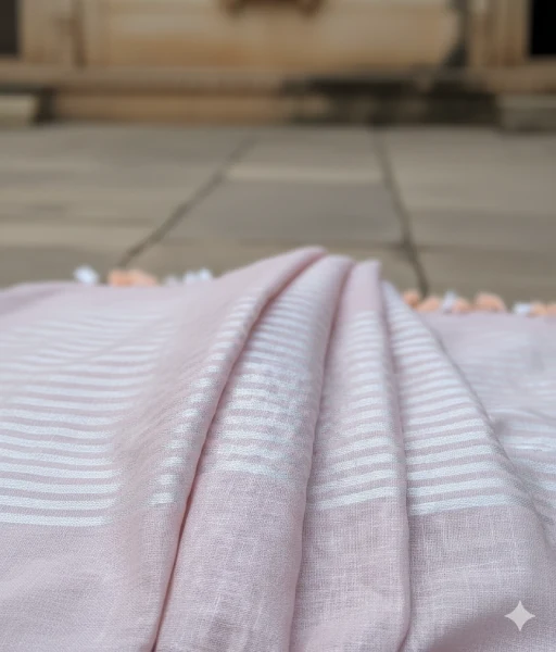 Beige pure linen saree with silver stripes - Image 3