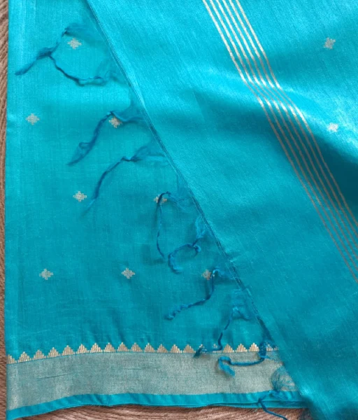Firozi munga tussar silk saree with woven zari buta detailing all over - Image 2