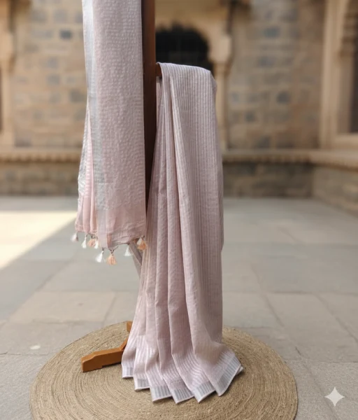 Beige pure linen saree with silver stripes - Image 4