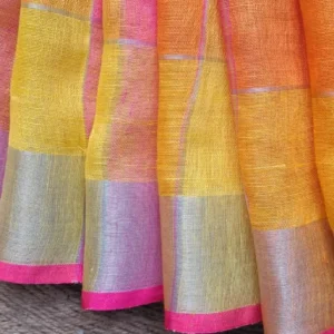 Orange Pink Checked Linen Saree