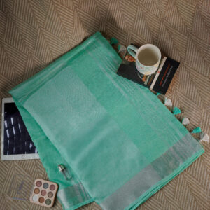 Sea green saree with silver zari.