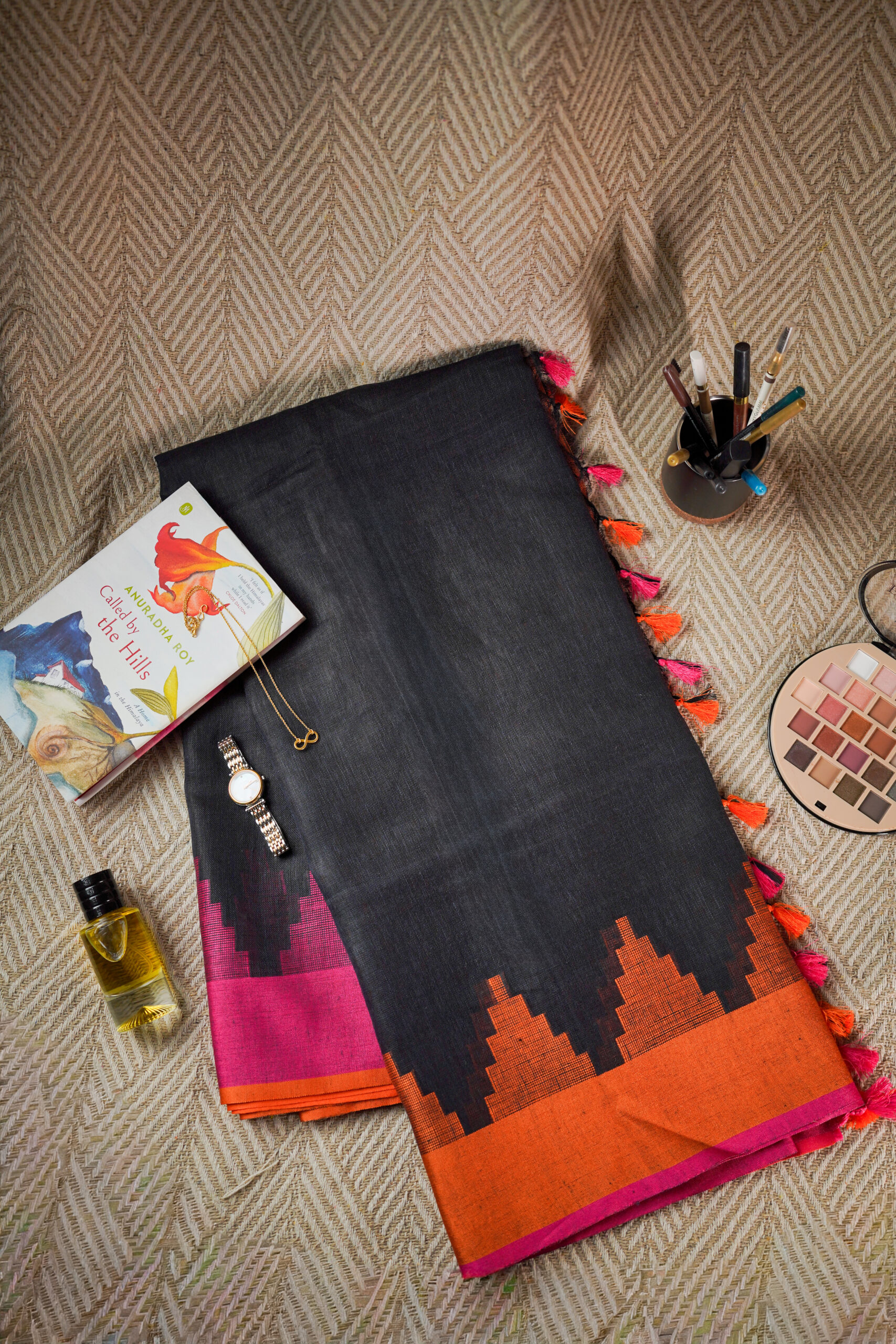Midnight Black Pure Linen Saree