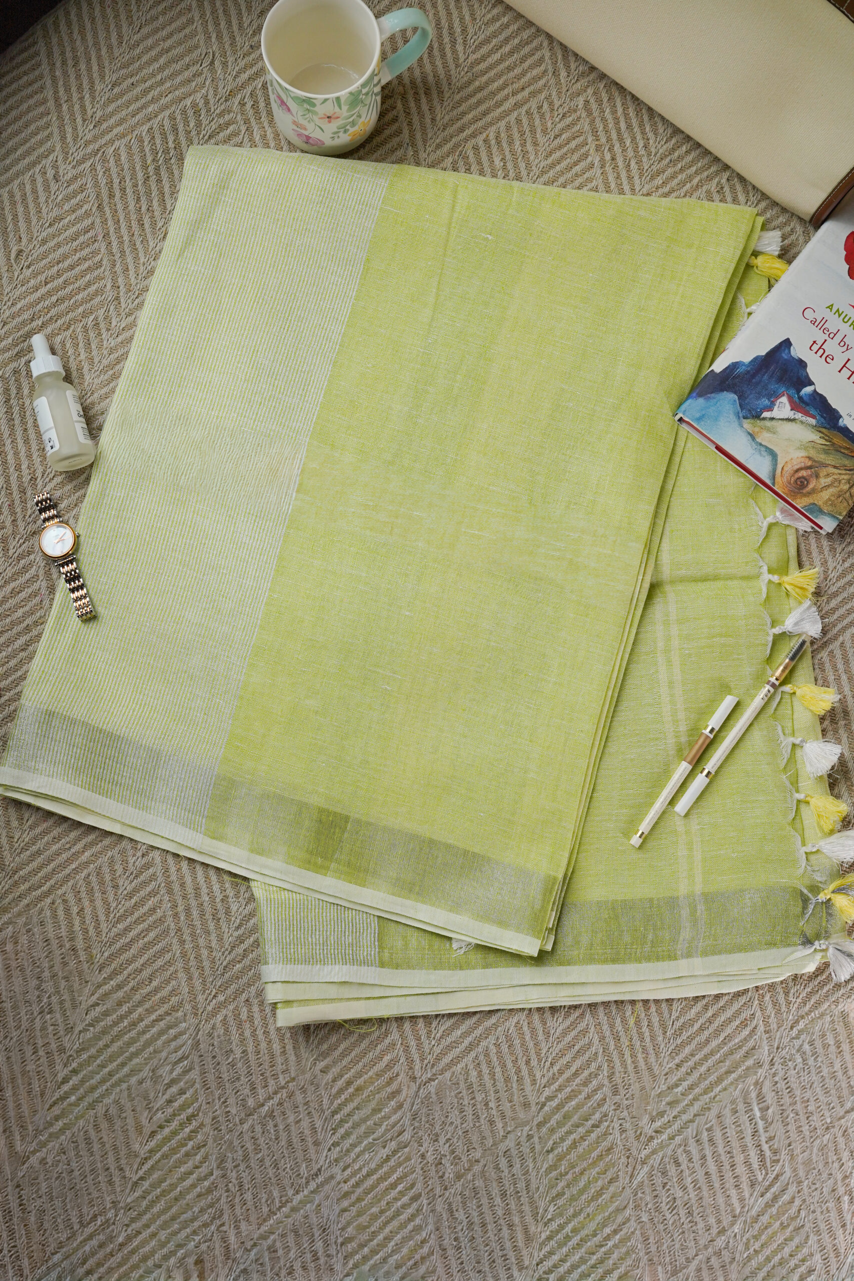 Fresh Lime Stripe Pure Linen Saree