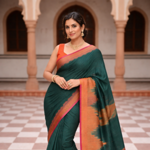 Green pure linen saree with pink and organge temple border