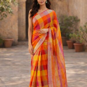 orange, pink, and lemon yellow checked pure linen saree