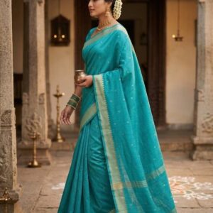 Firozi munga tussar saree with golden border and boota image