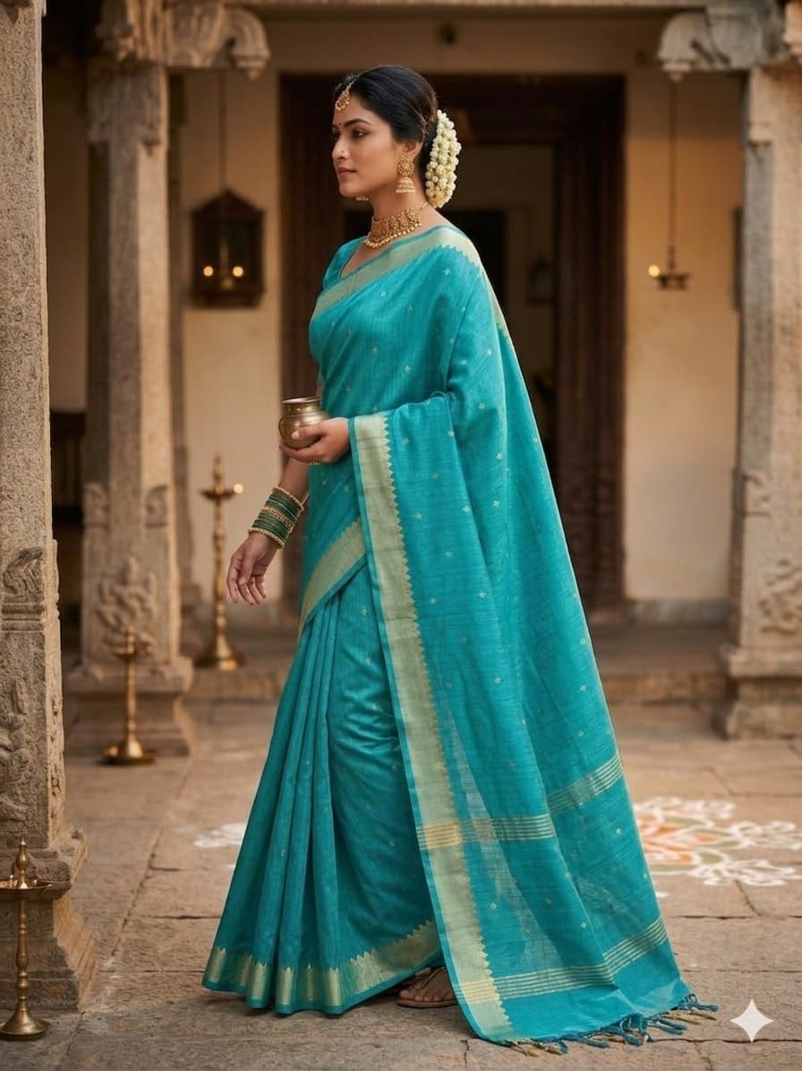 Firozi munga tussar saree with golden border and boota image