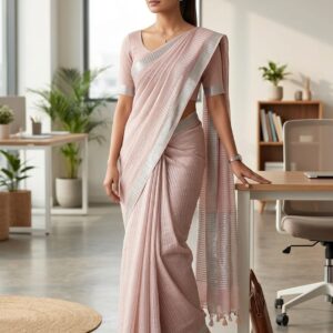 Beige striped pure linen saree image