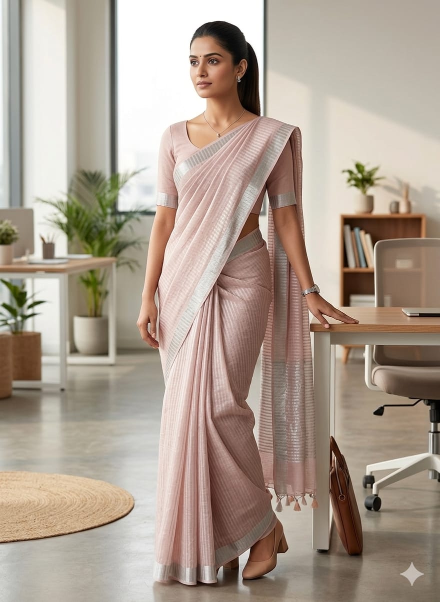 Beige striped pure linen saree image