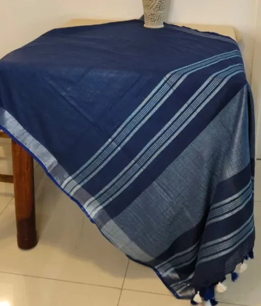 Blue linen cotton saree with silver zari detailing at the border and the aanchal - Image 2