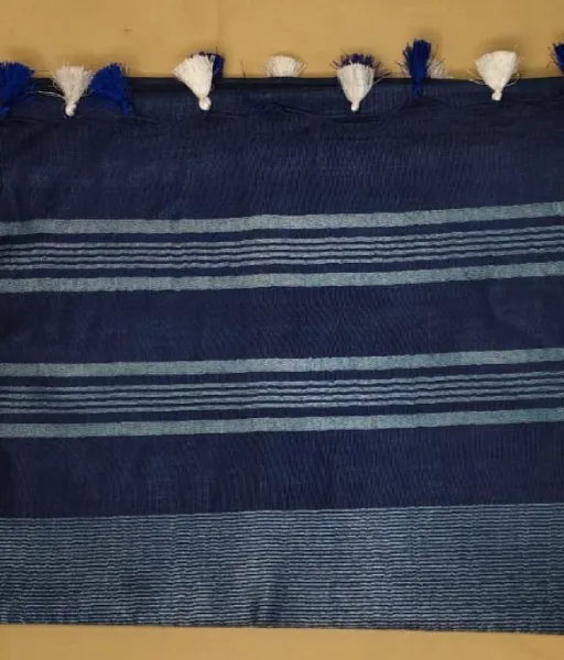 Blue linen cotton saree with silver zari detailing at the border and the aanchal - Image 3