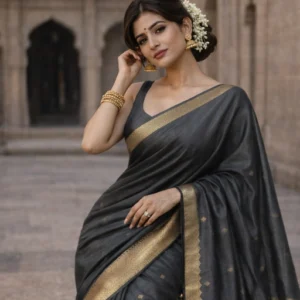 Charcol Black munga tussar silk saree with woven zari buta detailing all over