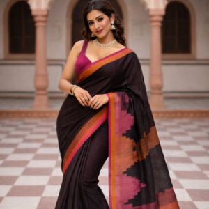 Dark Brown pure linen saree with pink and organge temple border