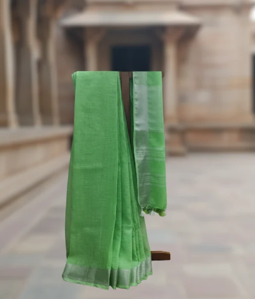 Green colour pure Linen Saree with silver zari detailing at the border - Image 4