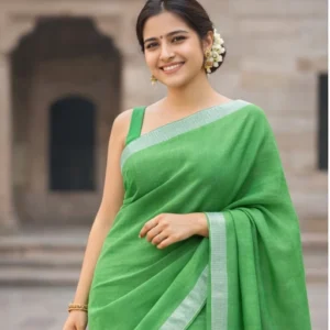 Green colour pure Linen Saree with silver zari detailing at the border