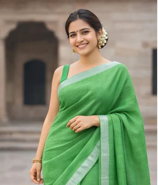 Green colour pure Linen Saree with silver zari detailing at the border