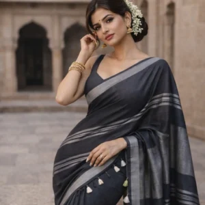 Slaty grey linen cotton saree with silver zari detailing at the border