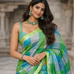 Pure linen saree with green and blue checks
