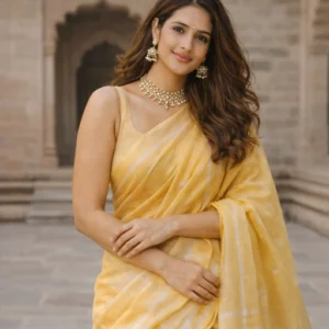 Yellow saree with silver zari stirpes and border