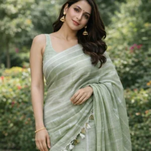Olive green pure linen saree with silver zari stripes and border