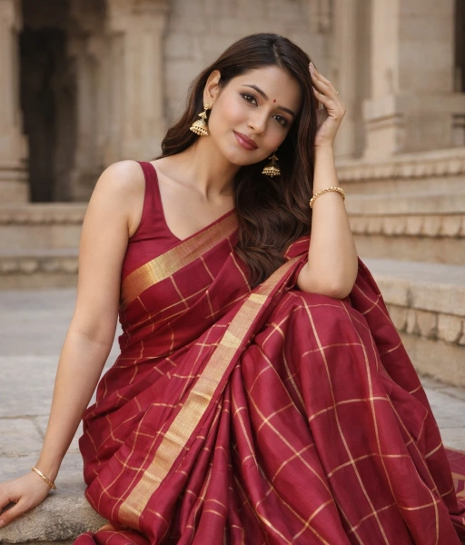 Maroon linen cotton saree image