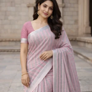 Gray and Pink stiped saree image 1