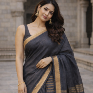 Grey munga tussar silk saree with woven zari buta detailing all over.