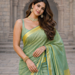 Turquoise Blue tissue linen Saree with golden zari border