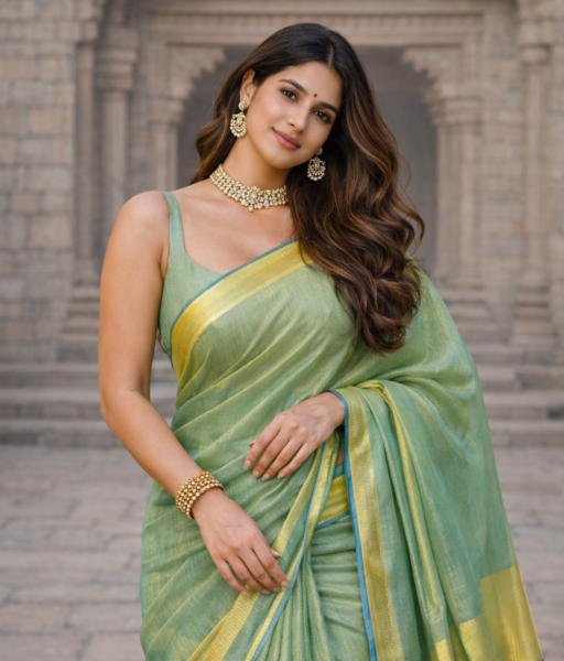 Turquoise Blue tissue linen Saree with golden zari border