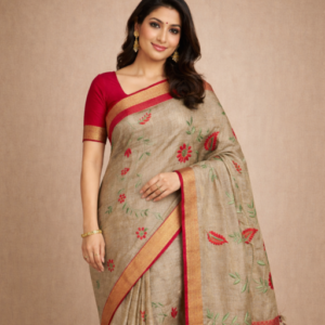 Beige pure linen saree with silver zari border and red thread embroidery